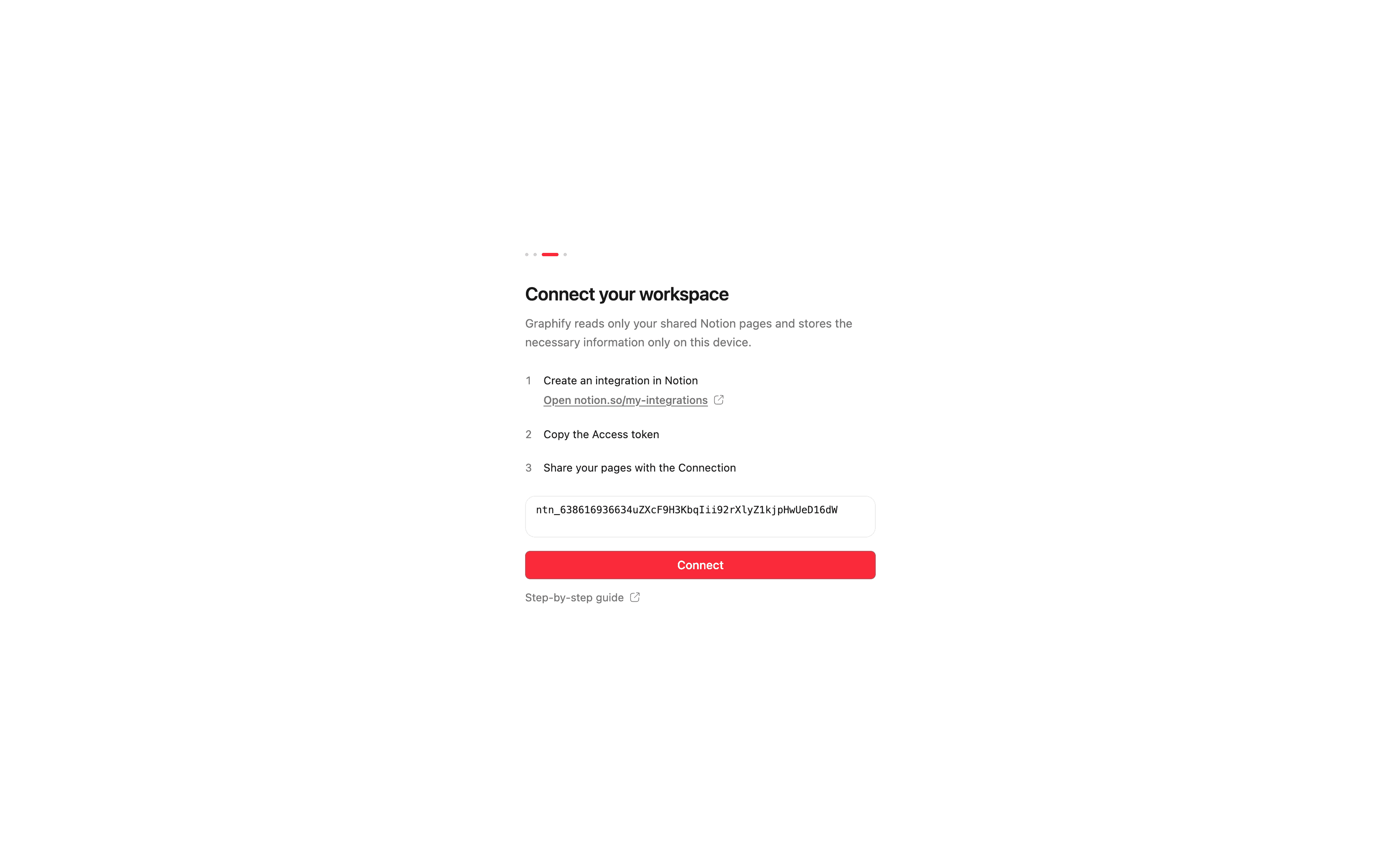 Graphify Desktop's Connect your workspace screen with the token pasted in.