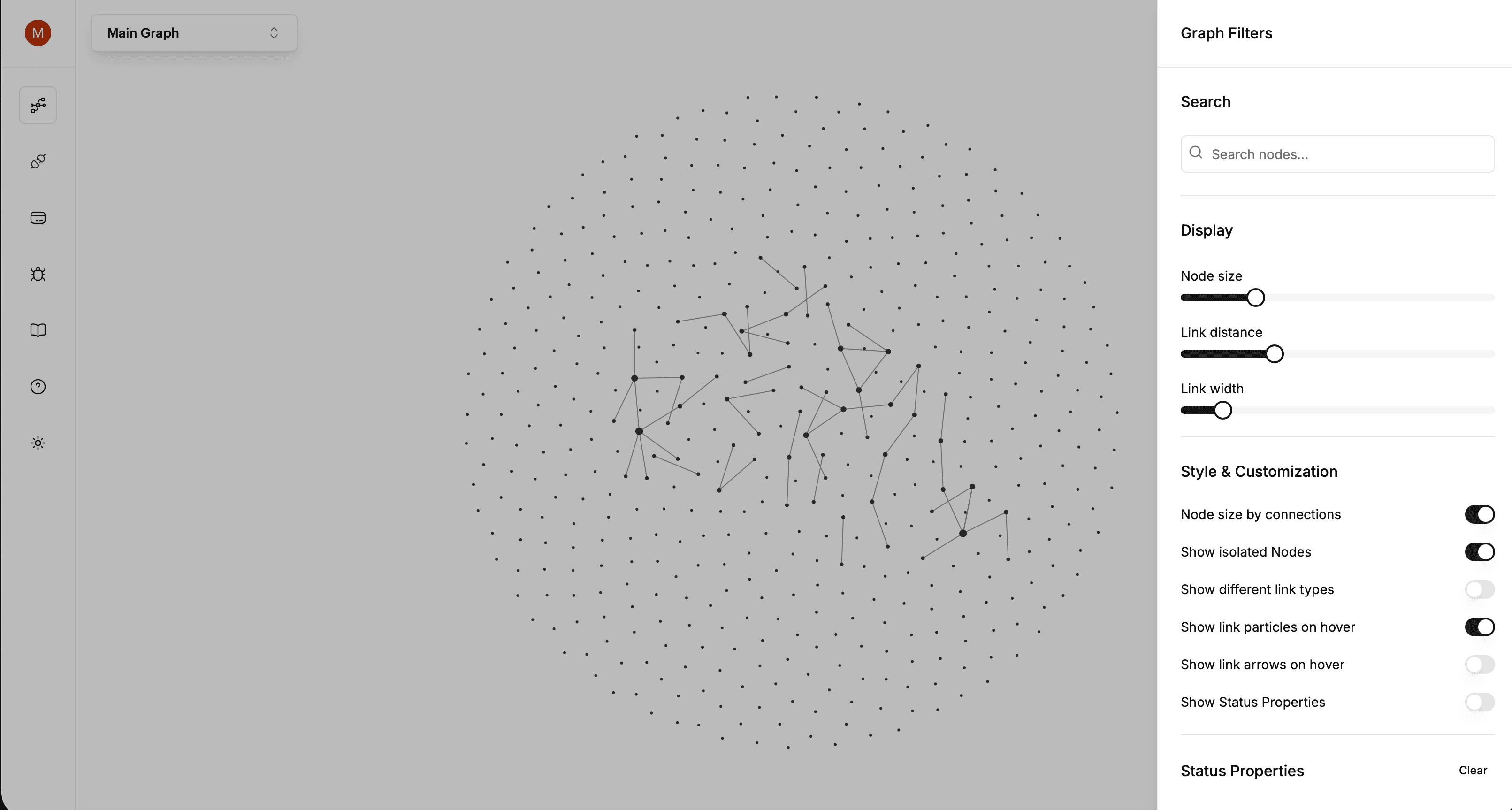 The filter panel open beside the graph, with the canvas still live behind it.