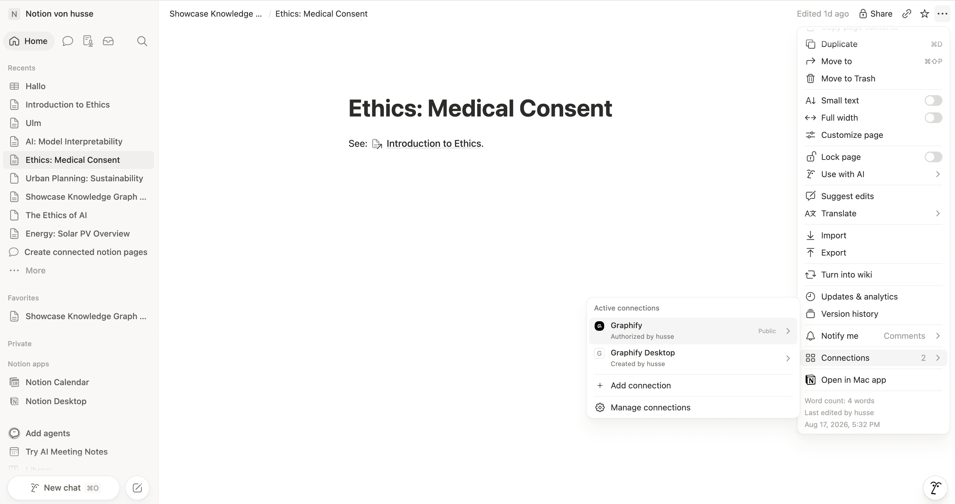 Notion's ••• menu open, showing Connections with the Graphify integration in the list.