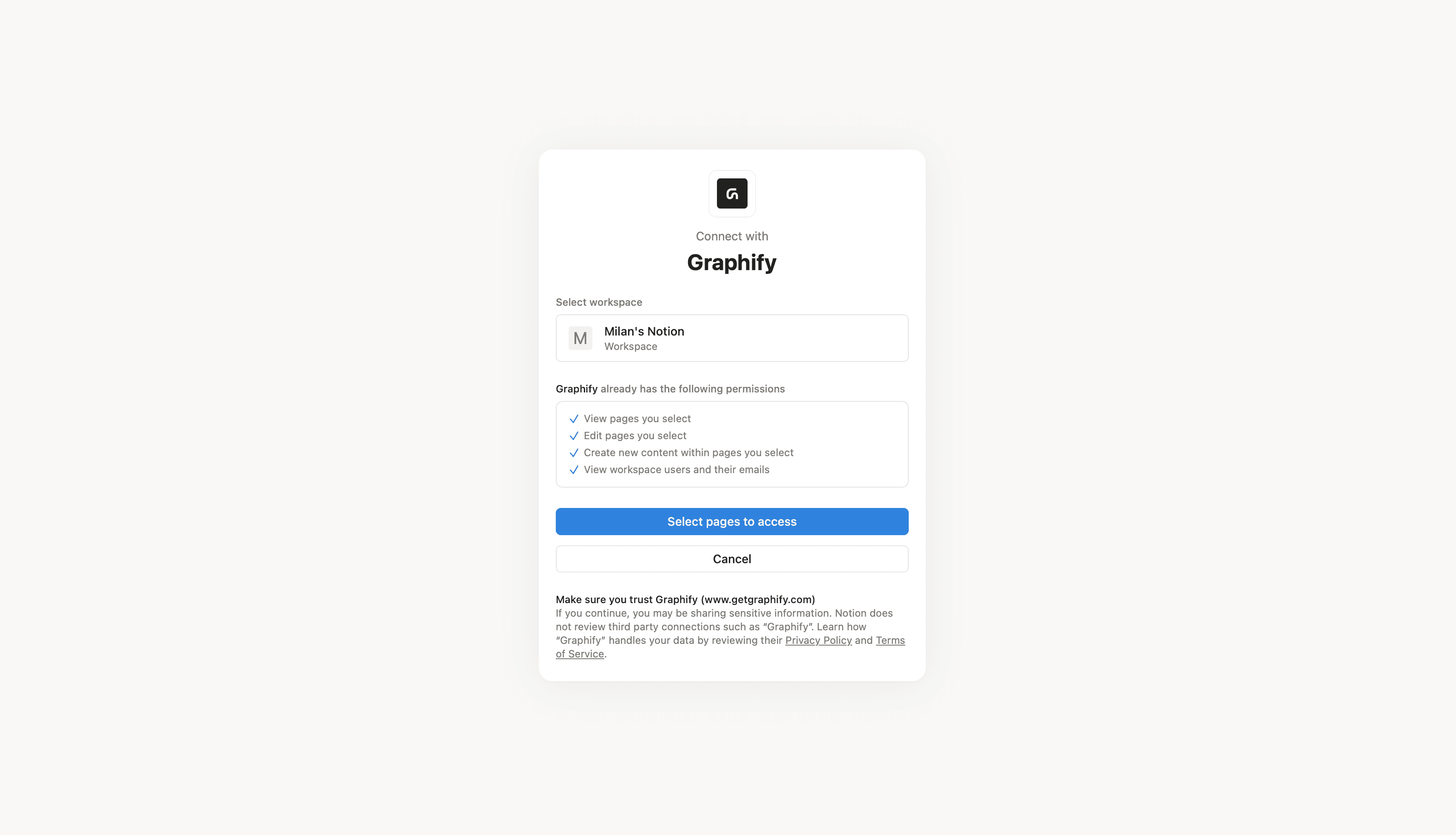 Notion's authorization screen, with the workspace picker at the top.