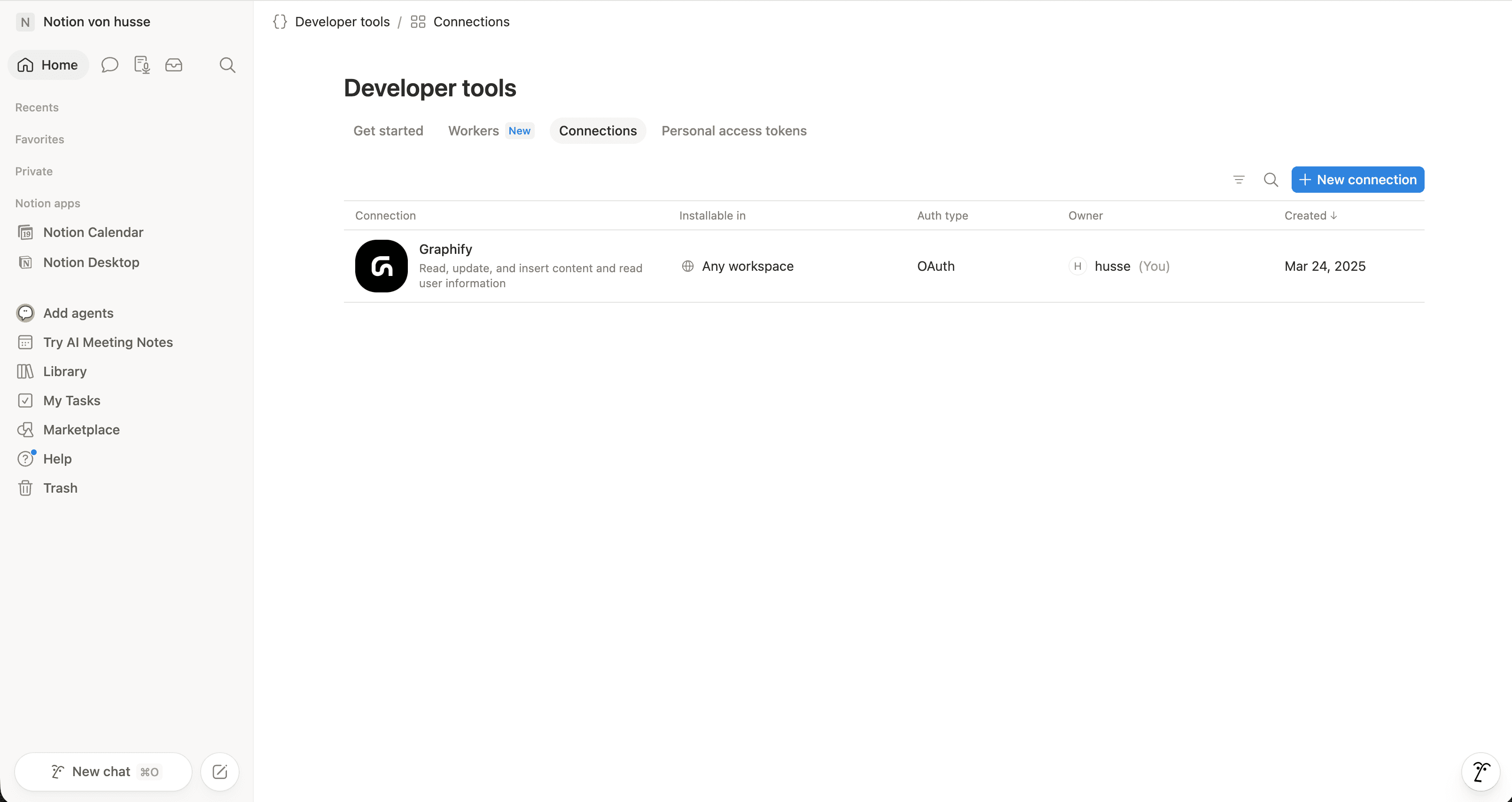 Notion's Developer tools, on the Connections tab.