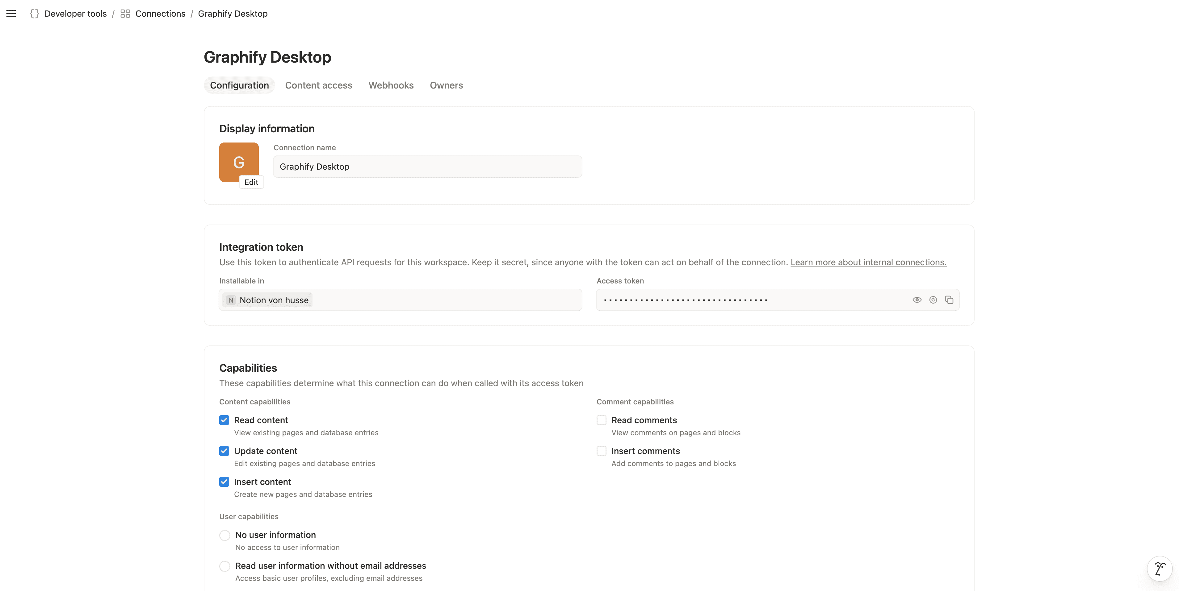The integration's settings page, showing the access token and its copy button.