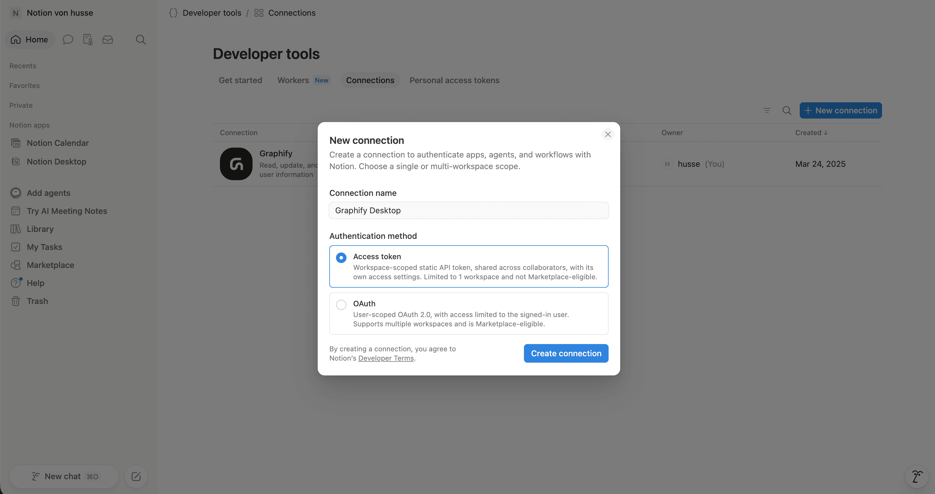 Notion's New connection form, with the name filled in and Access token selected.