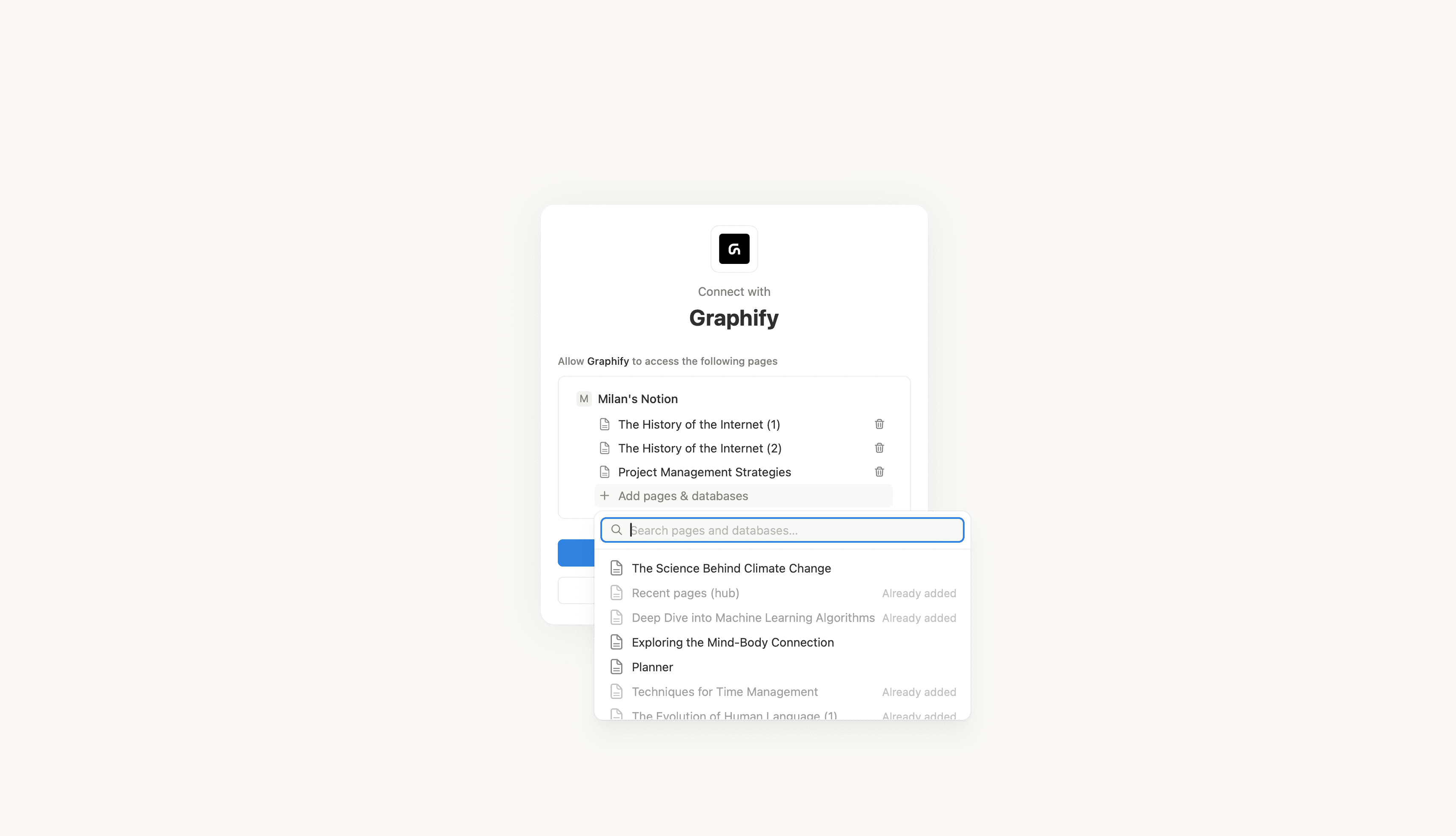 Notion's page picker, with a top-level page selected and the Allow access button.