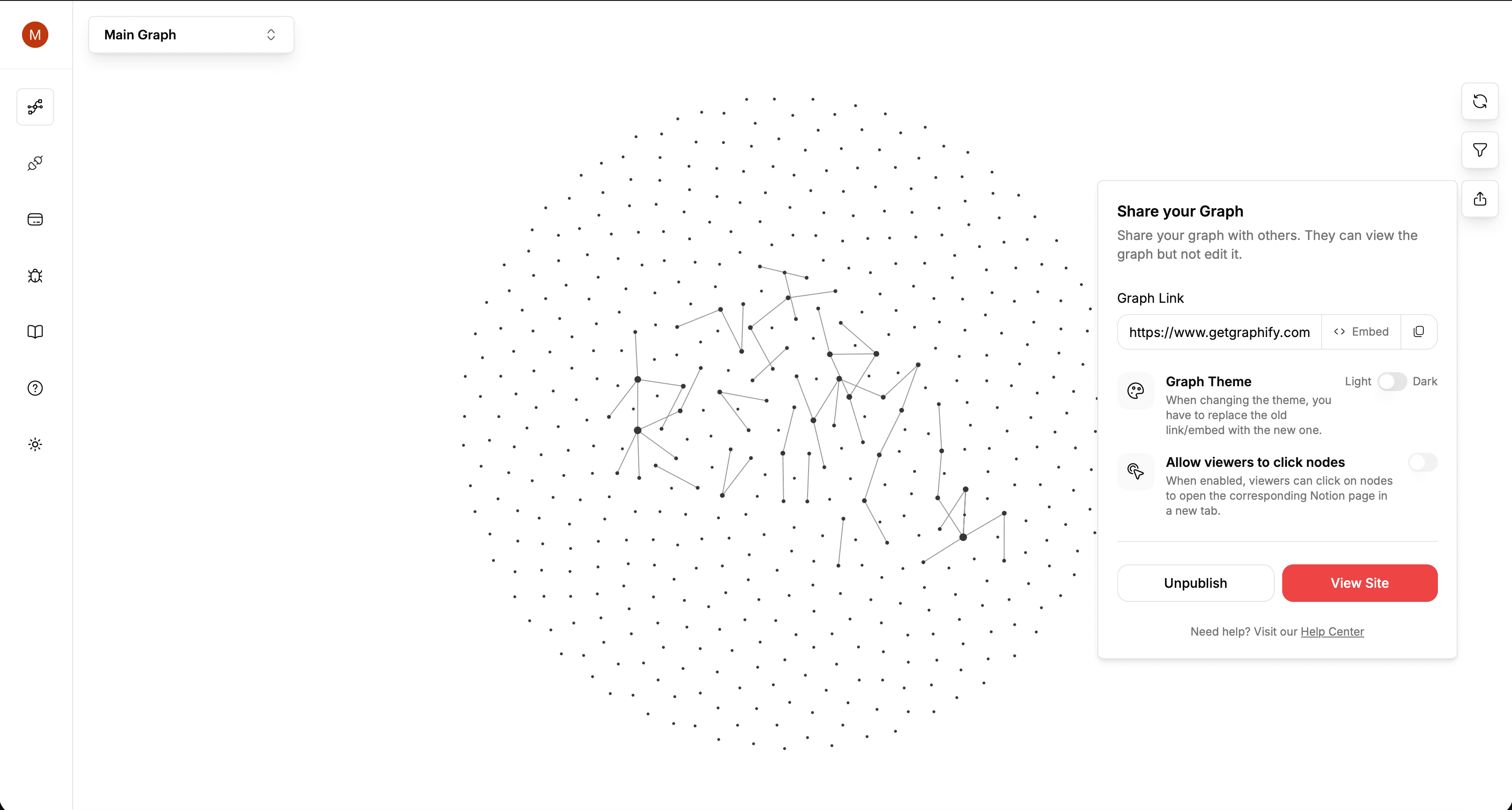 The Share your Graph dialog, with the link ready to copy.